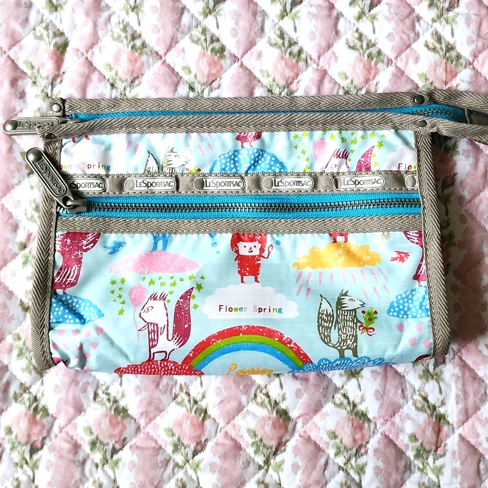 Rare Lesportsac Artist zipper pouch rainbow sky blue pink inner bird art cosm…